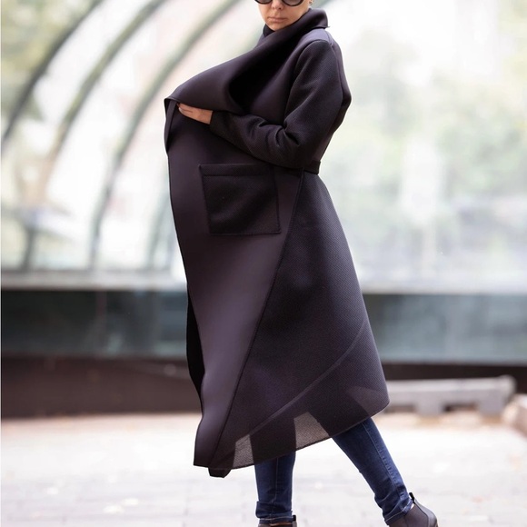 Black Asymmetric Neoprene Coat - Handmade Belted Wrap - Picture 4 of 4
